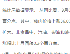 9月CPI同比上升2.8%，猪肉、蔬果涨价较多