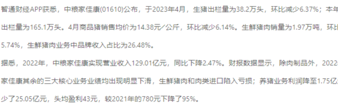 中粮家佳康(01610)4月生猪出栏量环比减少6.37% “二师兄”生意不好做了？