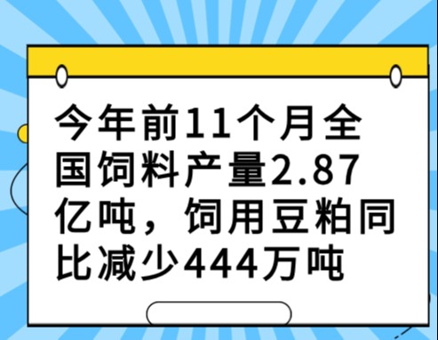 今年前11个月全国饲料产量2.87亿吨，饲用豆粕同比减少444万吨