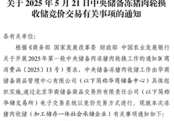 5月19日、5月20日、5月21日中央储备冻猪肉轮换出库、收储19500吨